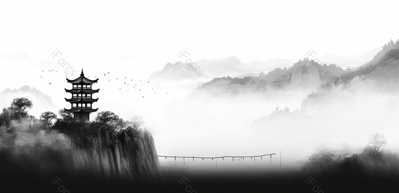 山谷楼阁栈道中国风水墨画背景,插画/手绘图,插画/手绘图库,插画/手绘图下载,插画/手绘